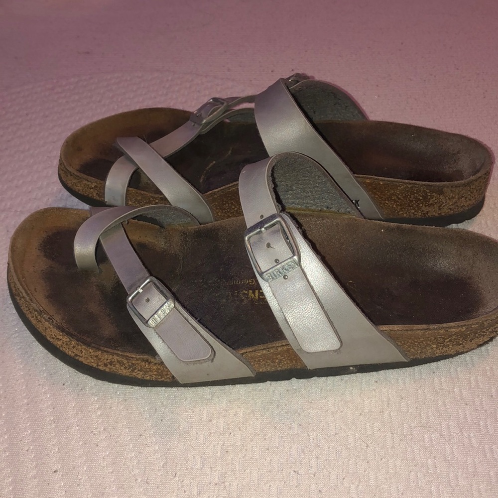 Silver strap Birkenstock sandals